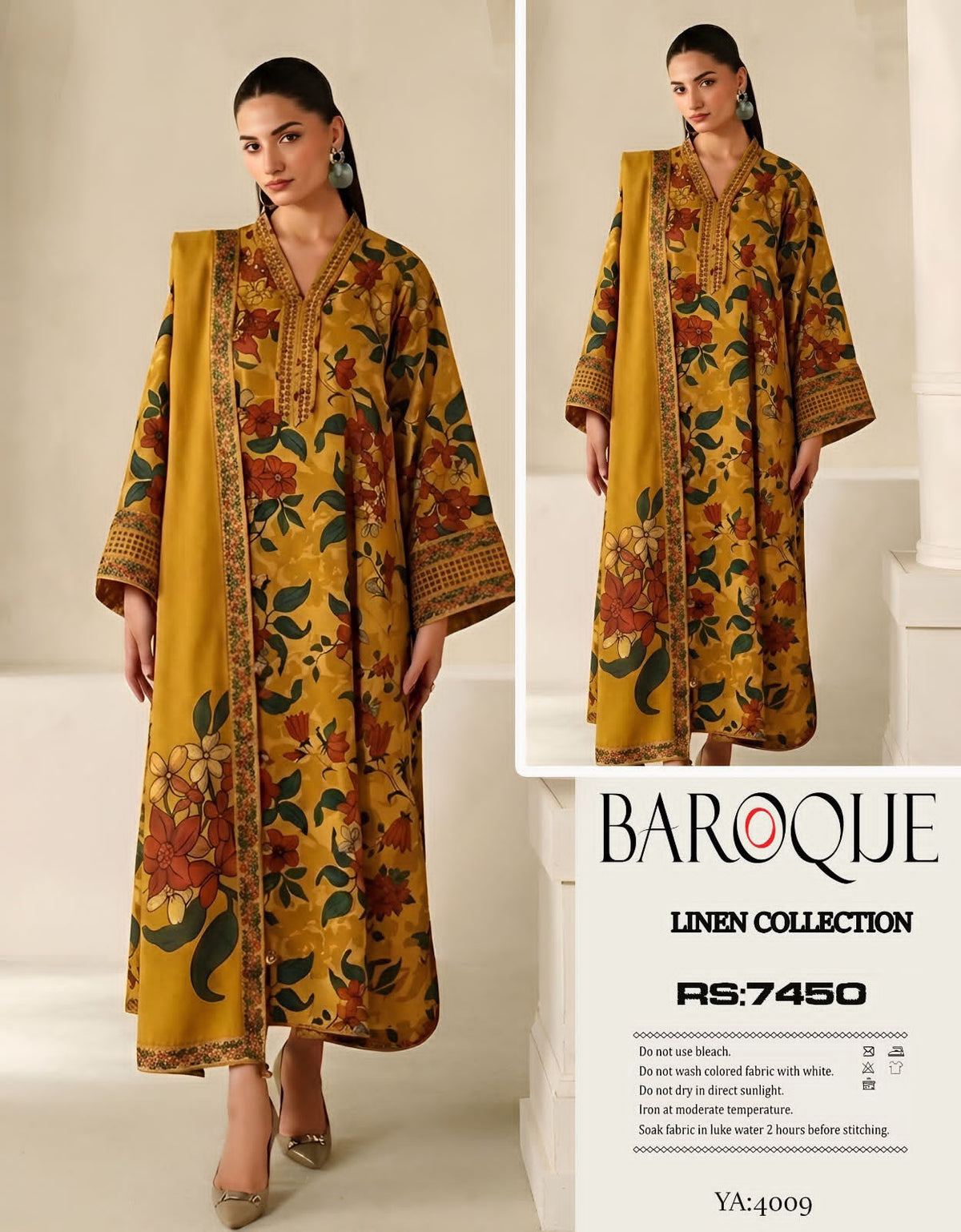 Baroque Premium Floral Linen Winter Suit - Mustard Collection
