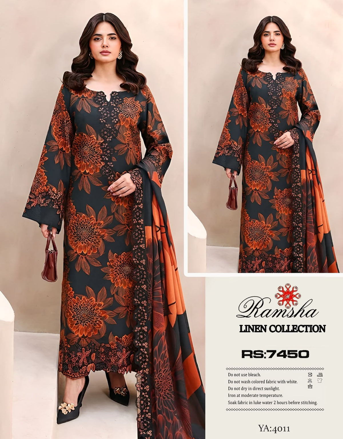 Ramsha Winter Linen Collection – Premium Printed 3-Piece Unstitched Suit (Code: YA-4011)