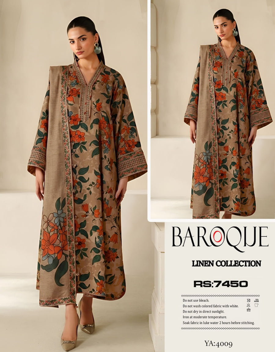 Baroque Premium Floral Linen Winter Suit - Earthy Brown Collection