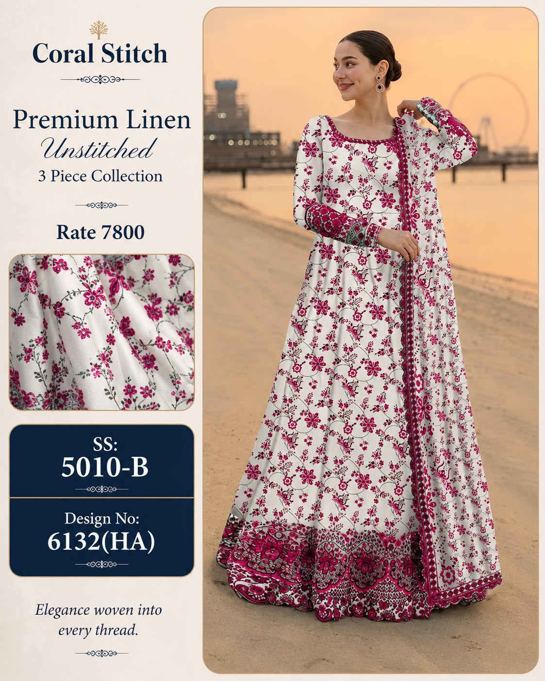 Coral Stitch - Premium Linen 3-Piece Unstitched Collection (Design 6132(HA)