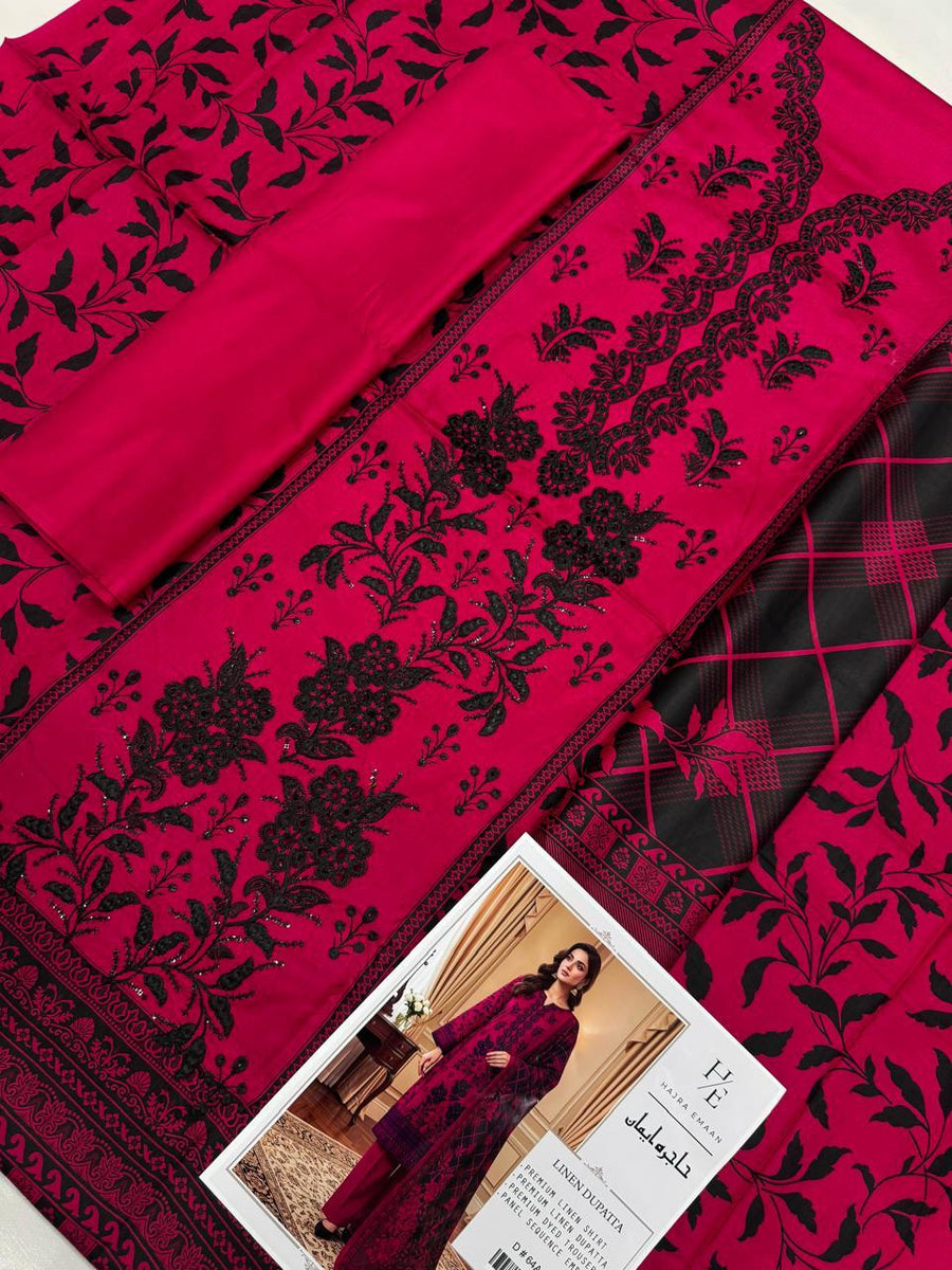 Hajra Emaan Premium Linen Embroidered 3-Piece Suit – Crimson Red