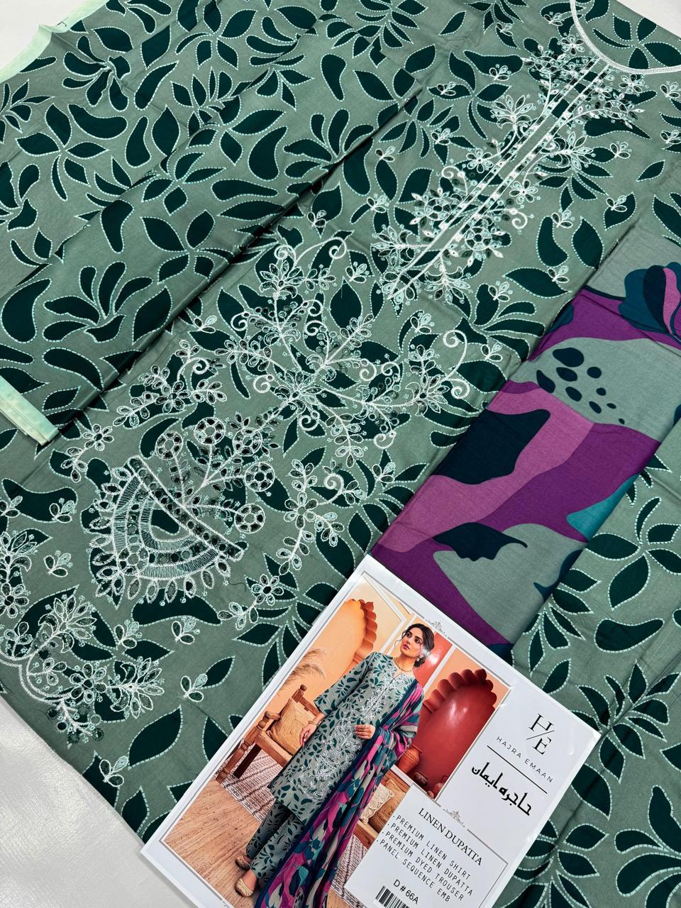Hajra Emaan Premium Linen Sequence Embroidered 3-Piece Suit – Sage Green