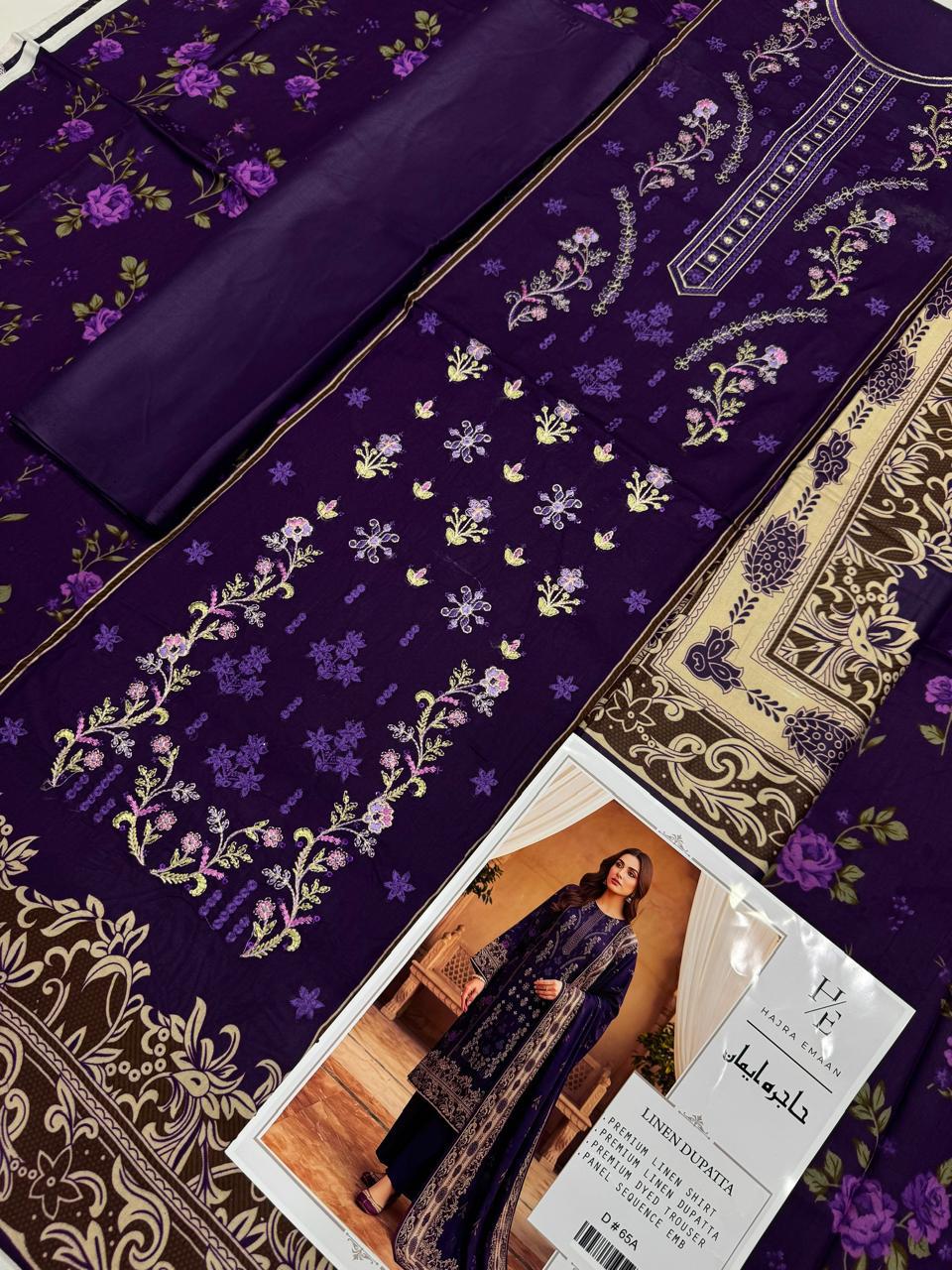 Hajra Emaan Premium Linen Sequence Embroidered 3-Piece Suit – Royal Purple